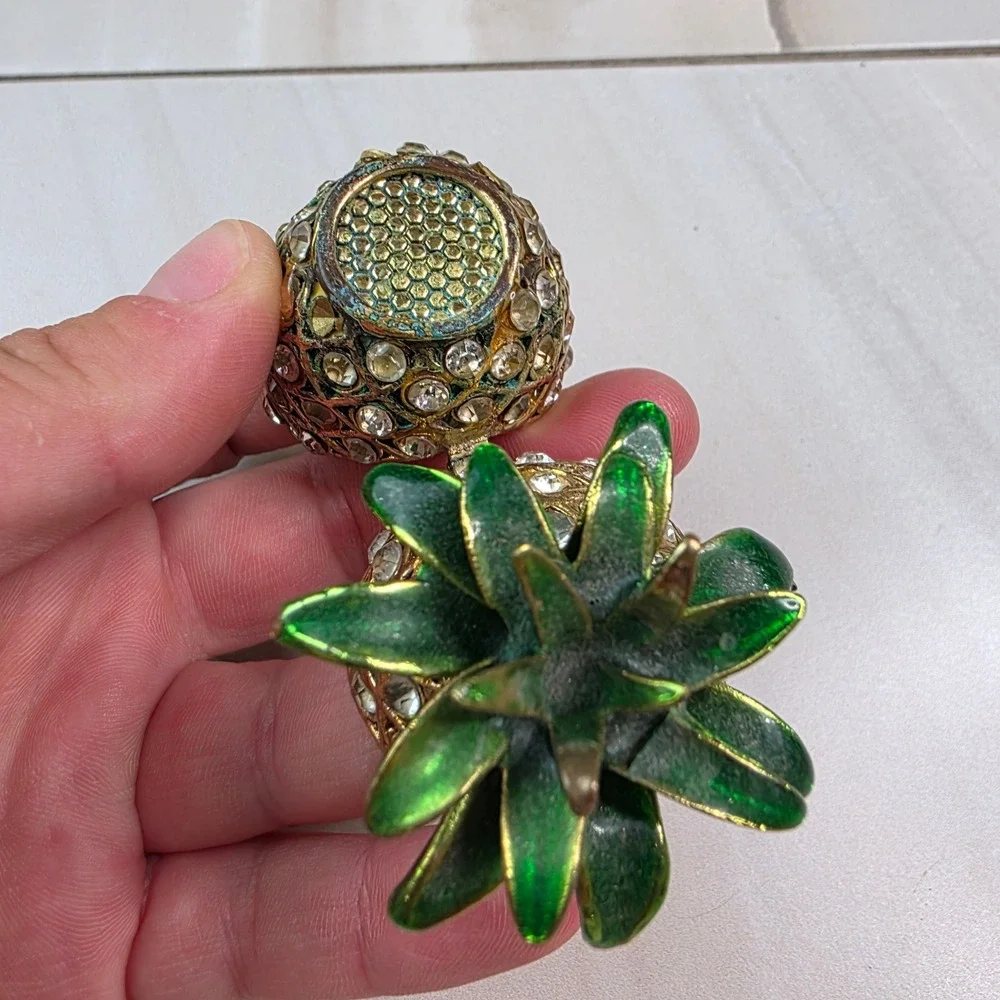 Vintage Pineapple Rhinestone Trinket Box‎ Gold Tone Green Enamel Hinged Jewelry